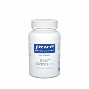 Weißer Kunststoffbehälter mit blauer Aufschrift, der Calcium-Magnesium-Präparate enthält.