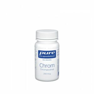 Weißer Flakon mit blauem Etikett, enthält Chrom in Form von Chrompicolinat, angegeben mit 200 mcg.