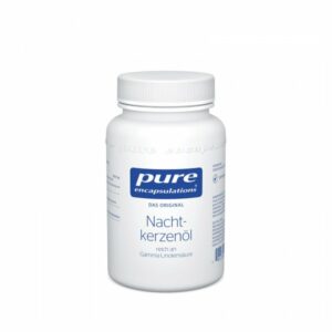 Weißer Behälter mit Schraubverschluss, beschriftet mit "Nachtkerzenöl", reich an Gamma-Linolensäure.