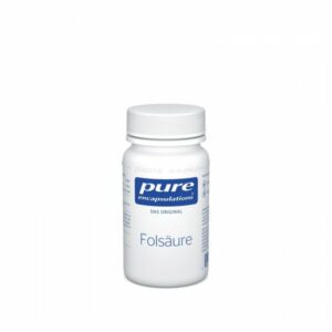Weißes Fläschchen mit Schraubverschluss, beschriftet mit "pure encapsulations Folsäure", praktische Nahrungsergänzung.