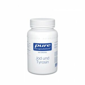 Weißer Behälter mit schwarzem Schraubverschluss, beschriftet mit "Jod und Tyrosin" und Logo von pure encapulations.