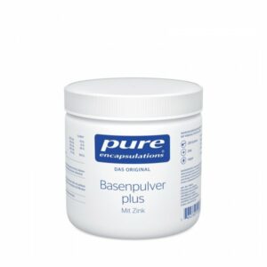 Weißer Kunststoffbehälter mit Schraubverschluss, enthält Basenpulver mit Zink, kennzeichnet vegane Inhaltsstoffe.