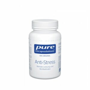 Weißer Flasche mit Schraubverschluss, beschriftet mit "Anti-Stress" und Infos zu mentaler Leistung und Wohlbefinden.