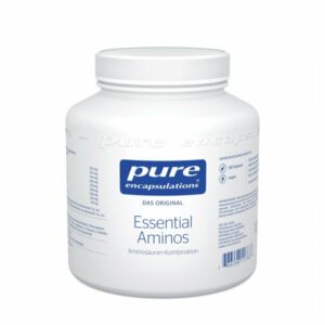 Weißer Kunststoffbehälter mit Schraubverschluss, beschriftet mit "Essential Aminos" und Inhaltsangaben für 180 vegane Kapseln.
