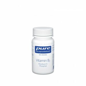 Weißes Fläschchen mit Schraubverschluss, etikettiert mit 'Vitamin B2 Riboflavin-5-Phosphat' von Pure Encapsulations.