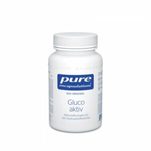 Weißer Kunststoffbehälter mit Schraubverschluss, beschriftet mit 'Gluco aktiv' von Pure Encapsulations.