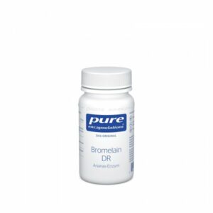 Weißes Fläschchen mit Deckel, beschriftet mit 'Bromelain DR', Ananas-Enzym von Pure Encapsulations.