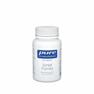 Weißer Kunststoffbehälter mit Schraubverschluss, etikettiert als "Schlaf Formel" von pure encapsulations.