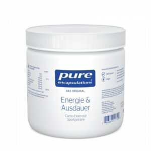 Weißer Container mit blauem Deckel, der ein Carbo-Elektrolyt Sportgetränk namens 'Energie & Ausdauer' von Pure Encapsulations enthält.