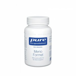 Weißer Kunststoffbehälter mit Schraubverschluss, beschriftet mit 'Meno Formel' von pure encapsulations.