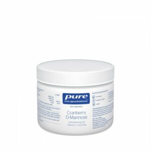 Dose mit Cranberry D-Mannose, sofortlöslich, ergänzt mit Vitamin C und Zink, in weißer Verpackung.