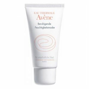 Weiße Tube mit beruhigender Feuchtigkeitsmaske von Avène, geeignet für empfindliche Haut, mit klarer Beschreibung auf der Verpackung.