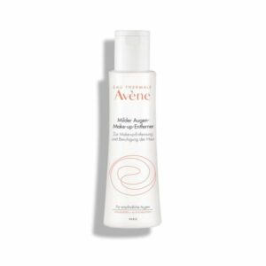 Eine durchsichtige Flasche mit milder Augen-Make-up-Entfernerlotion von Avène, beschriftet zur beruhigenden Hautpflege.