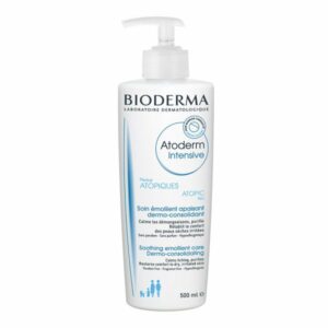 Flasche mit dermatologischer Creme Atoderm Intensive von Bioderma für atopische Haut, mit Pumpverschluss und 500 ml Inhalt.