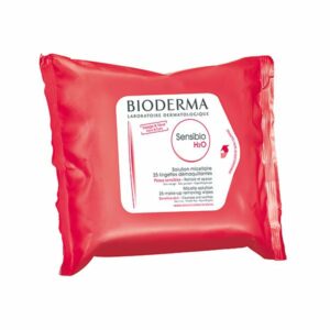 Rote Verpackung mit 25 feuchten Abschminktüchern von Bioderma, für sensible Haut, mit Pflegehinweisen.