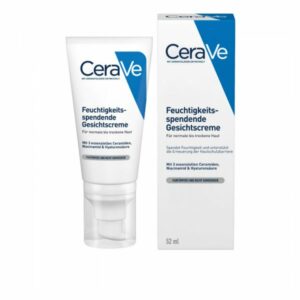 Weißer Tubenbehälter mit blauer Schrift, Feuchtigkeitscreme für normale bis trockene Haut, in Verpackung mit Produktdetails.