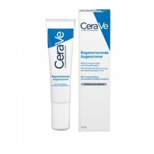 Tube und Verpackung der regenerierenden Augencreme von CeraVe, betont die Verbesserung von Augenringen und Hautschutzbarriere.