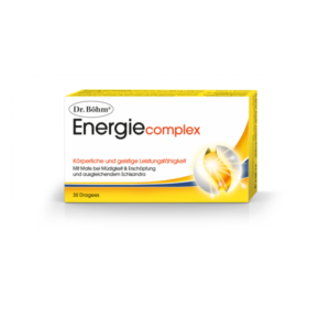 Verpackung von Dr. Böhm Energiecomplex mit der Beschreibung für körperliche und geistige Leistungsfähigkeit.