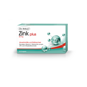 Packung von Dr. Böhm Zink plus mit 30 mg Zink, betont Abwehrkräfte und Stoffwechsel, enthält zusätzlich Vitamine und Mineralien.