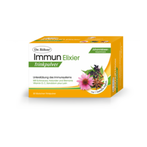 Verpackung von Dr. Böhm's Immun Elixier Trinkpulver mit Johannisbeergeschmack zur Unterstützung des Immunsystems.