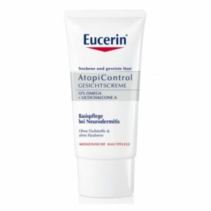 Eucerin AtopiControl Gesichtscreme in einer weißen Tube mit blauem Text, empfohlen bei Neurodermitis.