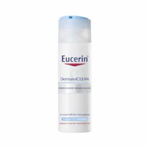 Flasche mit Eucerin DermatoCLEAN, einem erfrischenden Reinigungsgel für normale bis Mischhaut, mit einem blauen Deckel.
