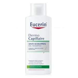 Flasche Eucerin Dermo Capillaire Anti-Schuppen Gel Shampoo für fettige Schuppen mit beruhigender Wirkung.