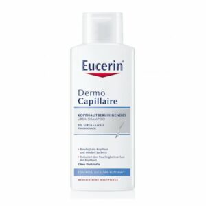 Flasche mit Eucerin Dermo Capillaire Kopfhautberuhigendem Urea Shampoo, ohne Duftstoffe, 5% Urea.