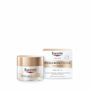 Eucerin Hyaluron-Filler + Elasticity Gesichtscreme im Topf mit goldener Kappe und Verpackung, die Anti-Aging-Eigenschaften betont.