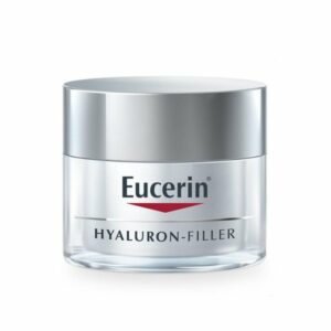 Transparenter Tiegel mit silbernem Deckel, beschriftet mit "Eucerin HYALURON-FILLER".