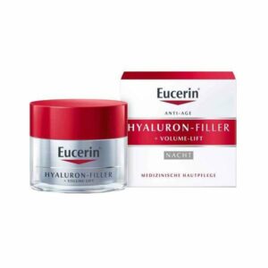 Eucerin Hyaluron-Filler Nachtcreme in einem durchsichtigen Glasbehälter mit rotem Deckel und Verpackung.