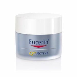 Gesichtscreme von Eucerin in einem eleganten, runden Behälter mit weißem Deckel und blauer Schrift.