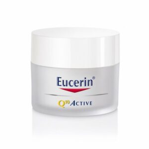 Eucerin Q10 Active Creme in einem runden, weißen Tiegel mit einem klaren Deckel.
