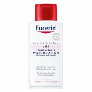Flasche Eucerin pH5 Hautschutz Waschlotion für empfindliche Haut, mit rotem Deckel und beschreibendem Etikett.