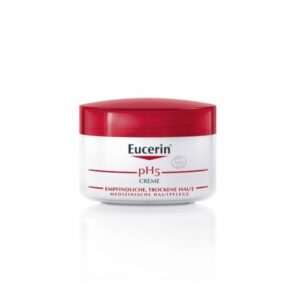 Eucerin pH5 Creme für empfindliche, trockene Haut in einem weißen Tiegel mit rotem Deckel.