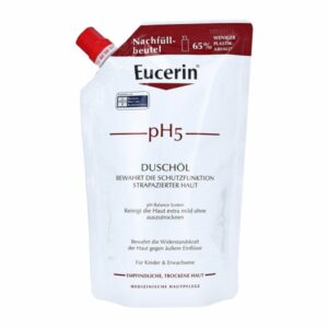 Nachfüllbeutel mit Eucerin pH5 Duschöl für empfindliche und trockene Haut, mit wichtigen Pflegehinweisen.