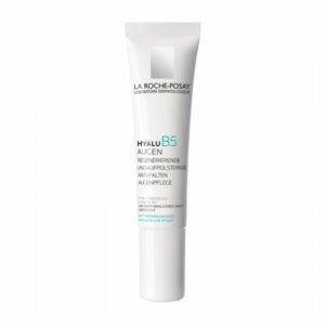 Tube mit Anti-Falten Augenpflege von La Roche-Posay, enthält Hyaluronsäure und Vitamin B5, für empfindliche Haut.