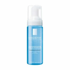 Schäumende Reinigungsflüssigkeit in blauer Flasche mit Pumpspender, für empfindliche Haut, 150 ml.
