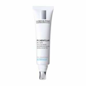 Hautpflegecreme in weißer Tube mit silberner Applikatorspitze, beschriftet für dunkle Augenringe.