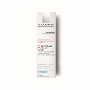 Verpackung der La Roche-Posay Redermic Retinol Augenpflege, betont die Verwendung von Retinol und hydratisierenden Inhaltsstoffen.