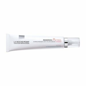 Weiße Tube mit Pumpkopf, La Roche-Posay Redermic Retinol, Anti-Falten Serum, mit wichtigen Inhaltsstoffen.