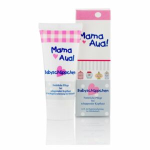 Tube mit Pflegecreme für schuppende Kopfhaut, Verpackung im Cartoon-Stil mit bunten Herzmotiven.