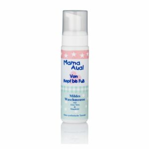 Pumpflasche mit mildem Waschmousse für Kinder, enthält Aloe Vera und Mandelöl, fröhliches Design mit Sternen.