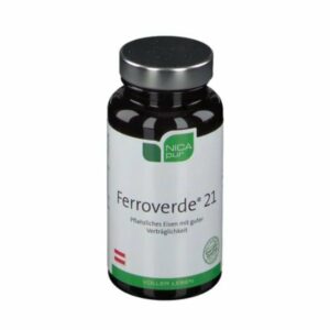 Schwarze Flasche mit silbernem Deckel, bezeichnet als Ferroverde 21, pflanzliches Eisen mit guter Verträglichkeit.