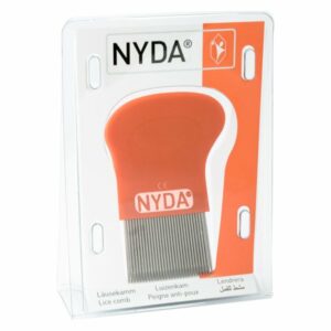 Läusekamm mit orangefarbener Griff und feinen Metallzähnen, verpackt in einer transparenten Blisterverpackung.