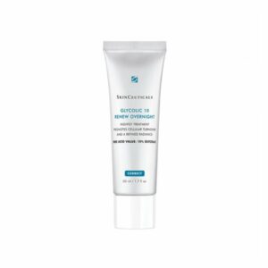 Eine Tube mit Glykolic 10 Renew Overnight von SkinCeuticals in silberner und blauer Verpackung.