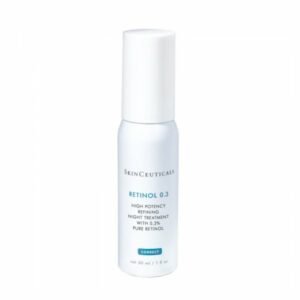 Ein Flakon mit Retinol 0.3 von SkinCeuticals, ausgestattet mit einem weißen Deckel, der eine nächtliche Hautpflegebehandlung darstellt.