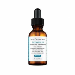 Braune Glasflasche mit Pipette, enthält Hautpflegeprodukt zur Aknebehandlung von SkinCeuticals mit Inhaltsstoffen wie Silymarin und Vitamin C.