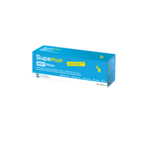 Verpackung von Supamun AKUT Sticks, die hochdosierte Vitamine zur Unterstützung bei grippeähnlichen Infekten anbietet.