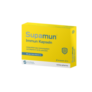Gelbe Verpackung von Supamun Immun Kapseln, unterstützt das Immunsystem mit Vitaminen und Zink.